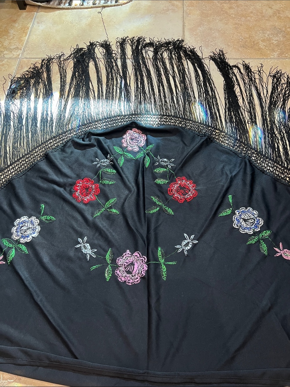 Black Floral Embroidered Fringe Shawl